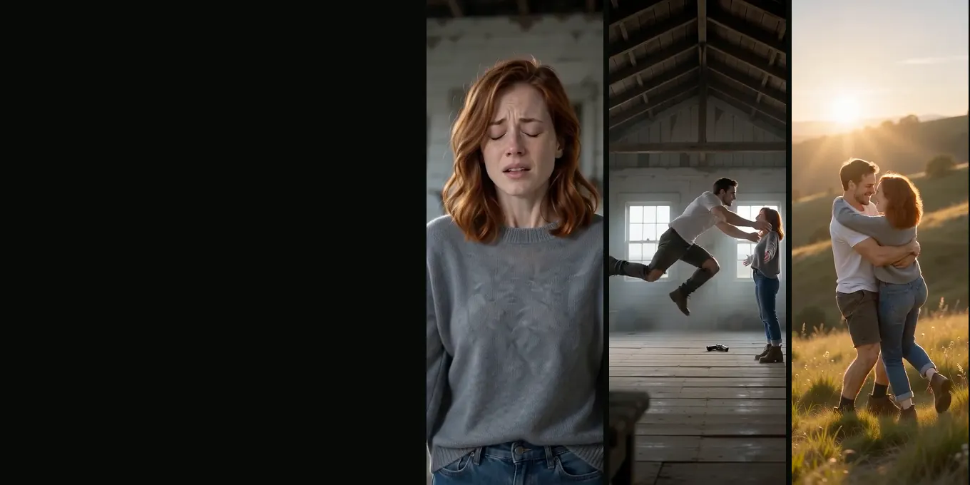 Three frames from our test render: the survivor in tears with the gun gone, the leap with the gun on the floor, the hug in the meadow