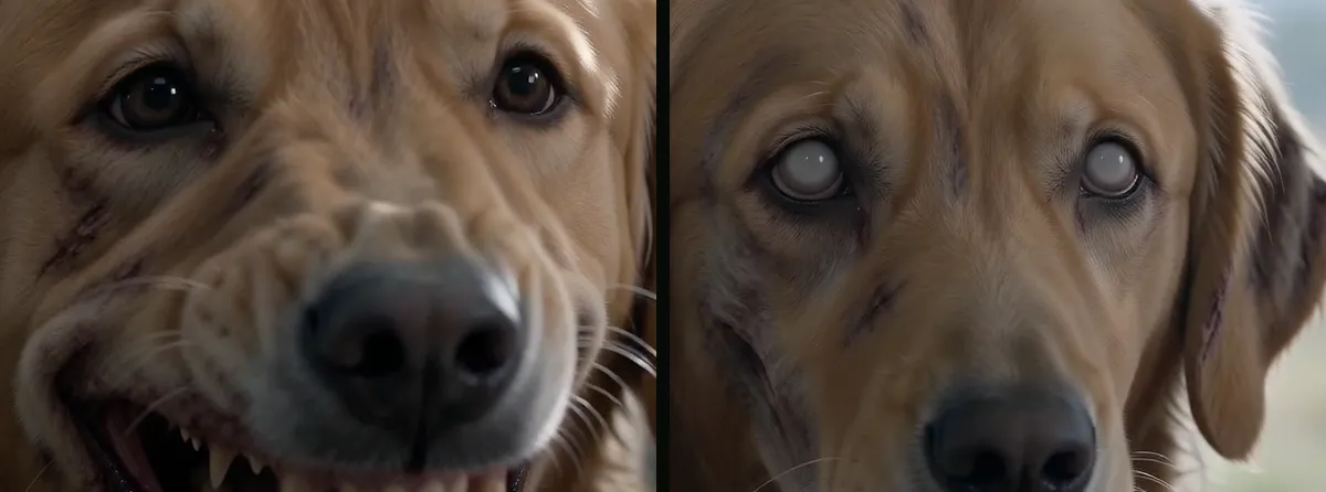 Close-ups of the zombie dog on 8 October 2026: the first wording (left) and the wording that asks for milky white eyes with no pupils (right).