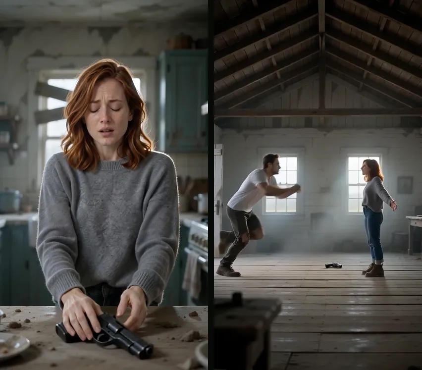 Left: 8 October 2026, the kitchen version, the gun set down on the table. Right: 9 October 2026, the bare room, the gun on the floor during the leap.