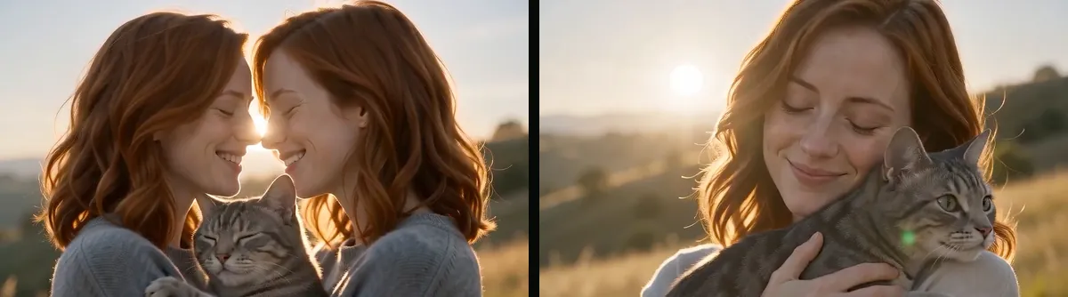 The cat’s last shot on 9 October 2026: two copies of the woman with the old two-shot line (left), one woman after the pet film got its own last shot (right).