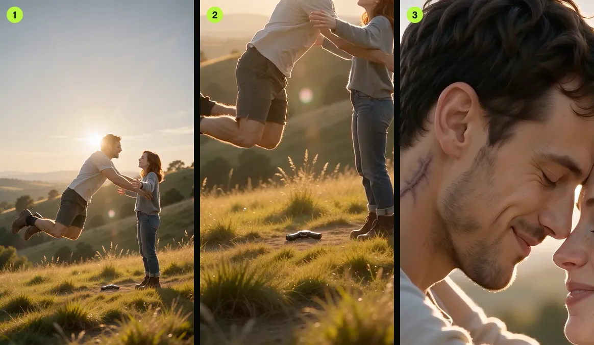 Our first 9:16 render, 8 October 2026: the meadow already at 7.5 s (1), the gun lying in the grass (2), a scar left on his neck in the last close-up (3).