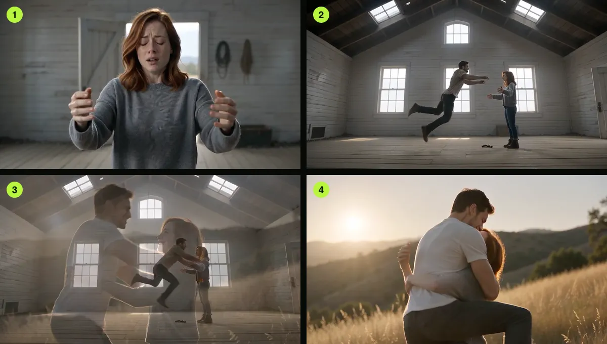 The match cut in our 16:9 render of 9 October 2026: arms open (1), mid-air in the farmhouse (2), the dissolve (3), the landing in the meadow (4).