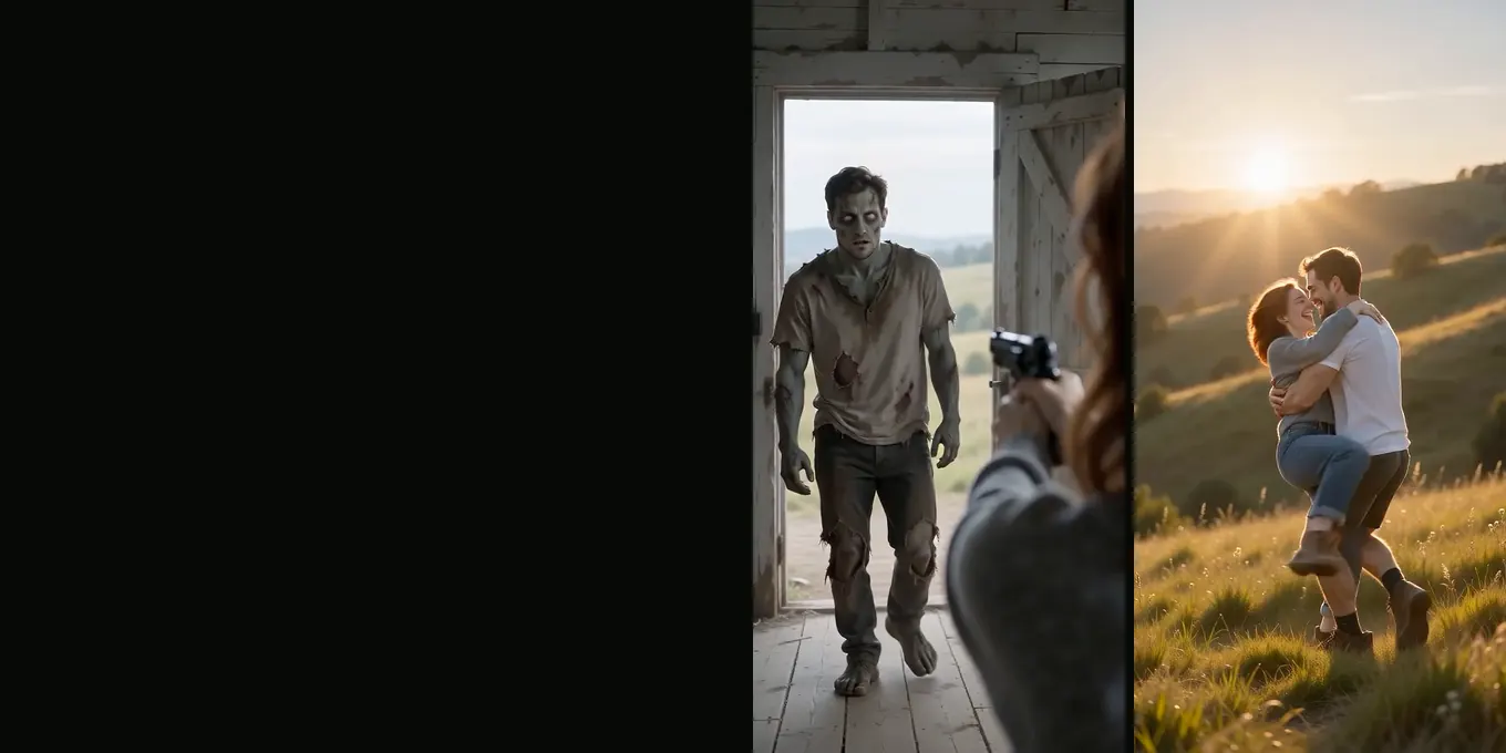 Two frames from our test render: the zombie in the farmhouse doorway, and the couple hugging in the meadow