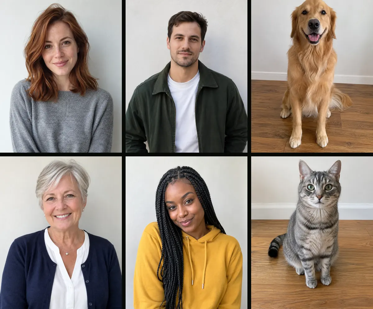 The six photos behind our test renders, all made with an image model: a woman, a man, a golden retriever, a mother, a best friend and a cat.