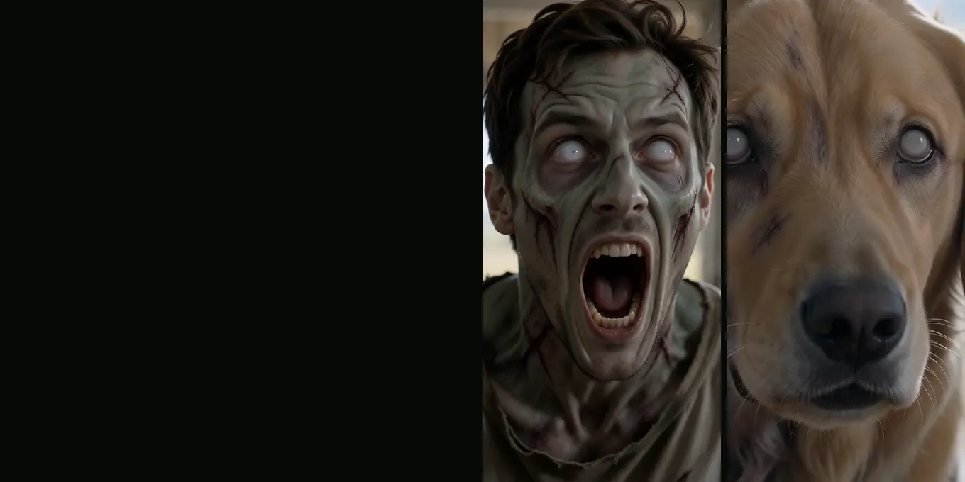 A zombie with white eyes and an open mouth, and a zombie golden retriever with milky eyes, from our test renders