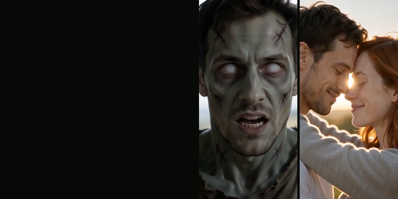 The man from our test render as a zombie with white eyes, and the couple forehead to forehead in the sun