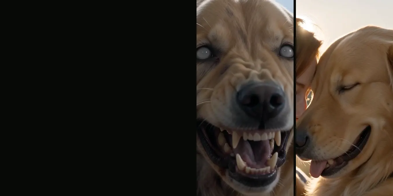 Our AI-made golden retriever as a snarling zombie with milky eyes, and healthy again in a hug