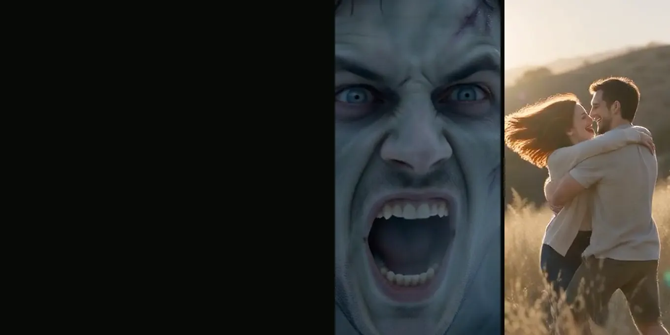 The zombie close-up in the snow and the hug in the meadow, from our Blizzard render