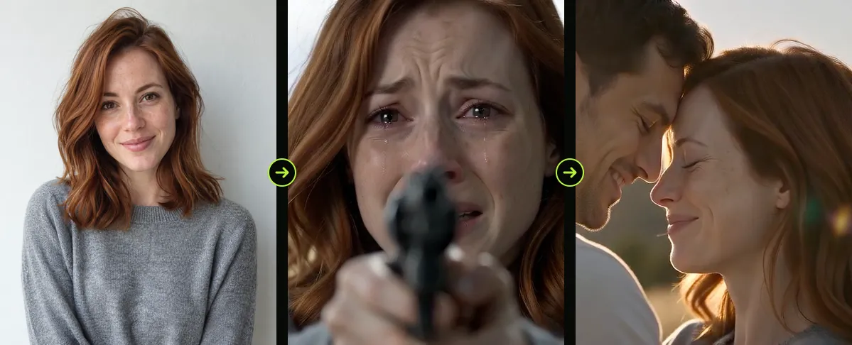 The photo we uploaded, the same woman in shot 1 and in the last close-up: our 16:9 render of 9 October 2026.