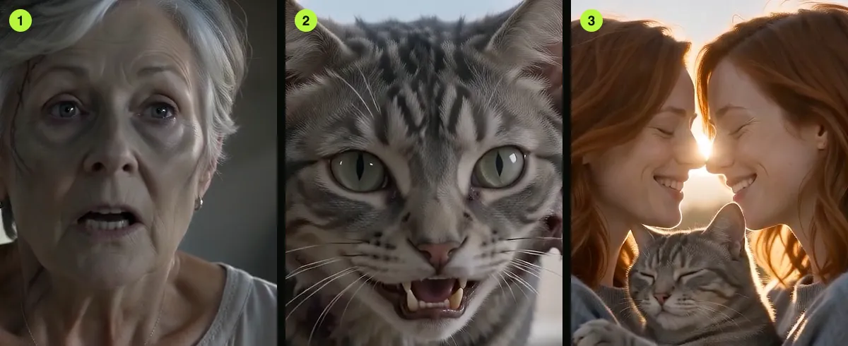 What went wrong on 9 October 2026: the mother who never turned (1), the cat that kept its green eyes (2), and a second copy of the woman in the cat’s last shot (3), since fixed in the prompt.