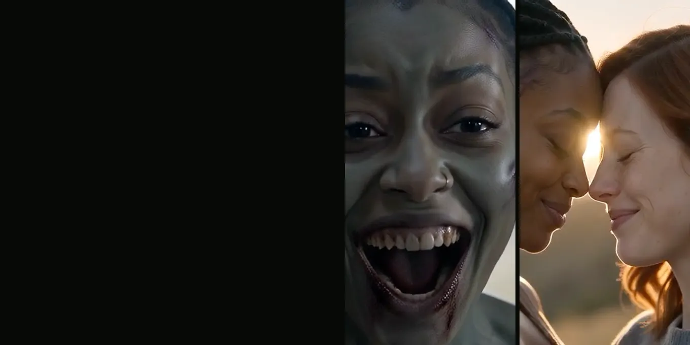 A best friend with long braids as a zombie, then forehead to forehead with her friend in the meadow